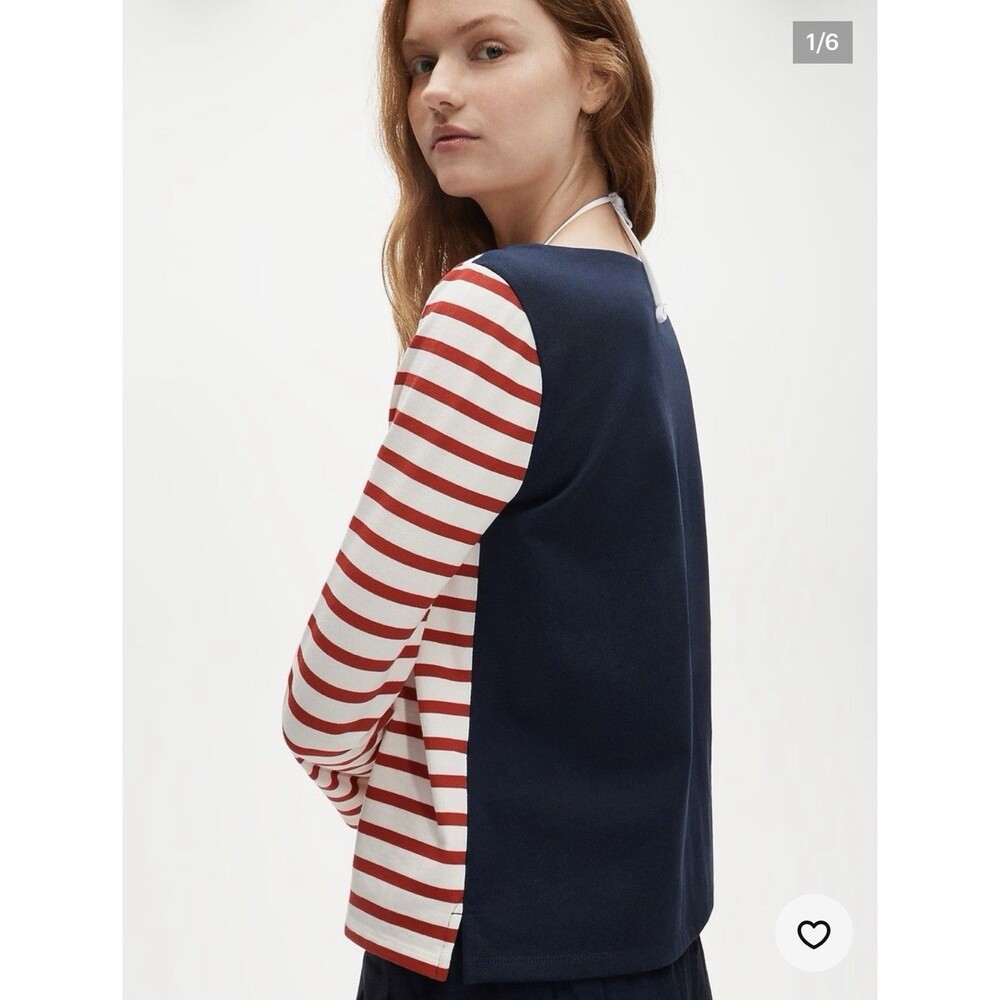 J.Crew Boatneck T-Shirt Striped Heavyweight Cotton Top Size Large Red Blue White